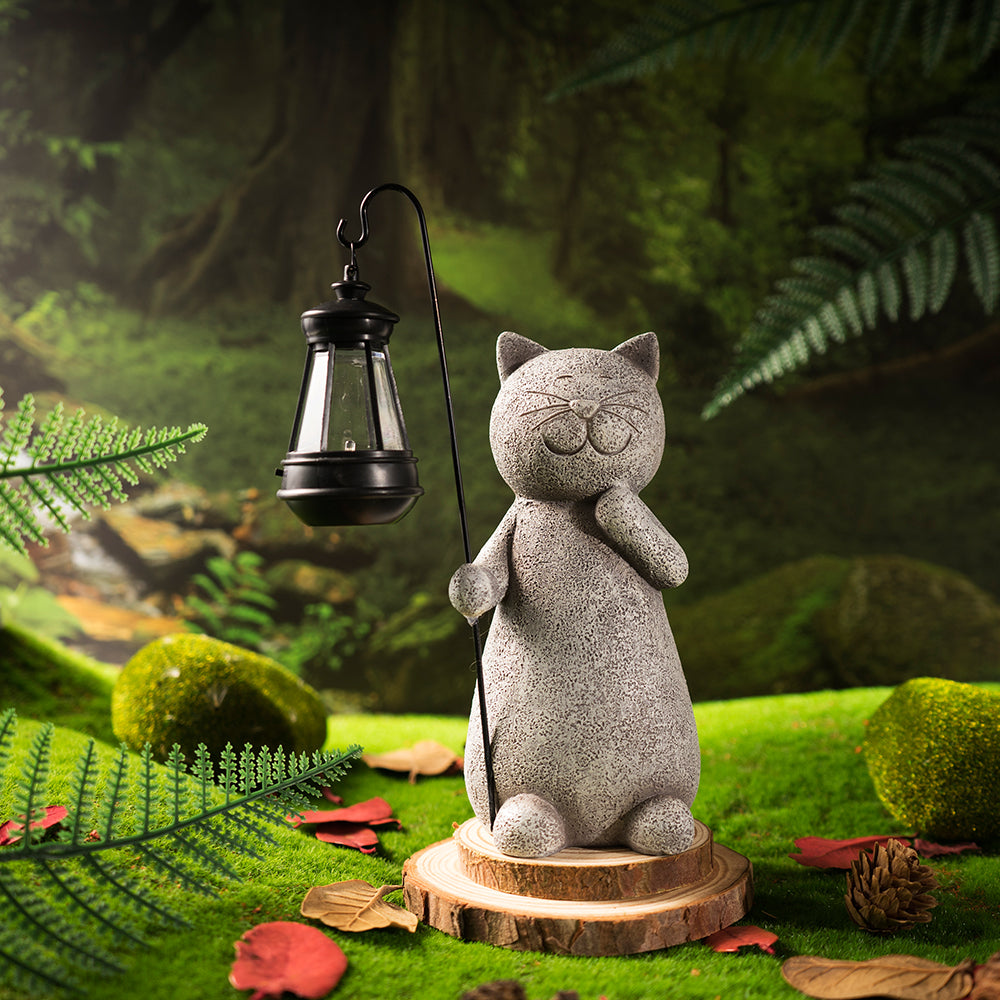 StoneCat™ - håndlavet havestatue af kat med solceller