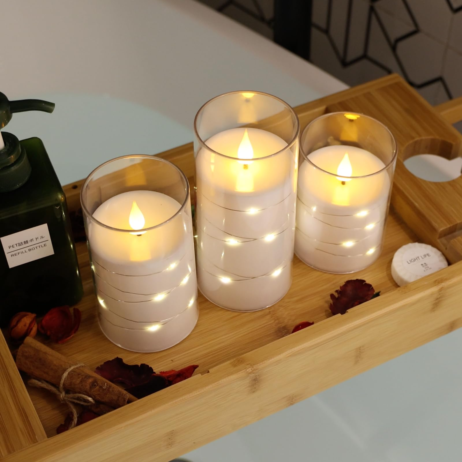 Sæt med 3 LED-glaslys med lysdekoration