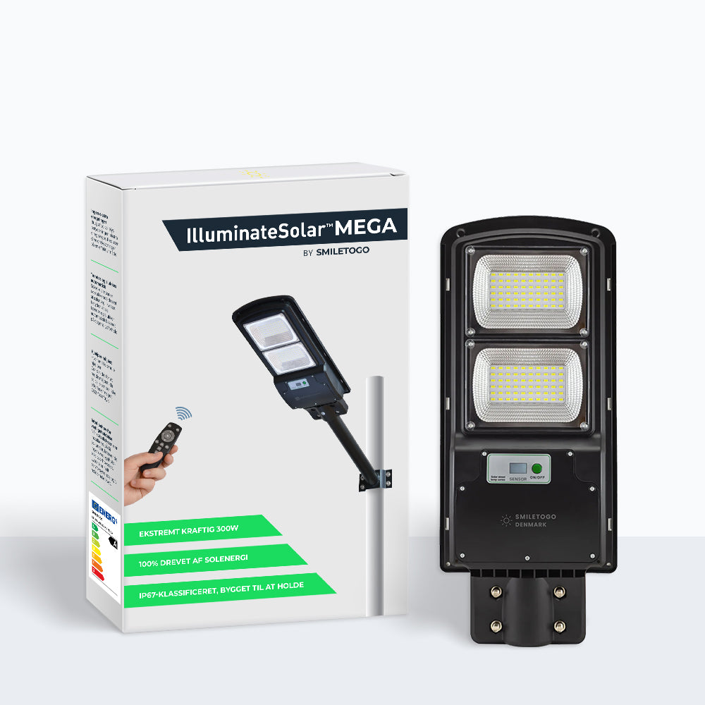 IlluminateSolarMega™- Den ultimative 300W/6000 lumen ultralyse solcelle-gadelygte (Bundle-tilbud)