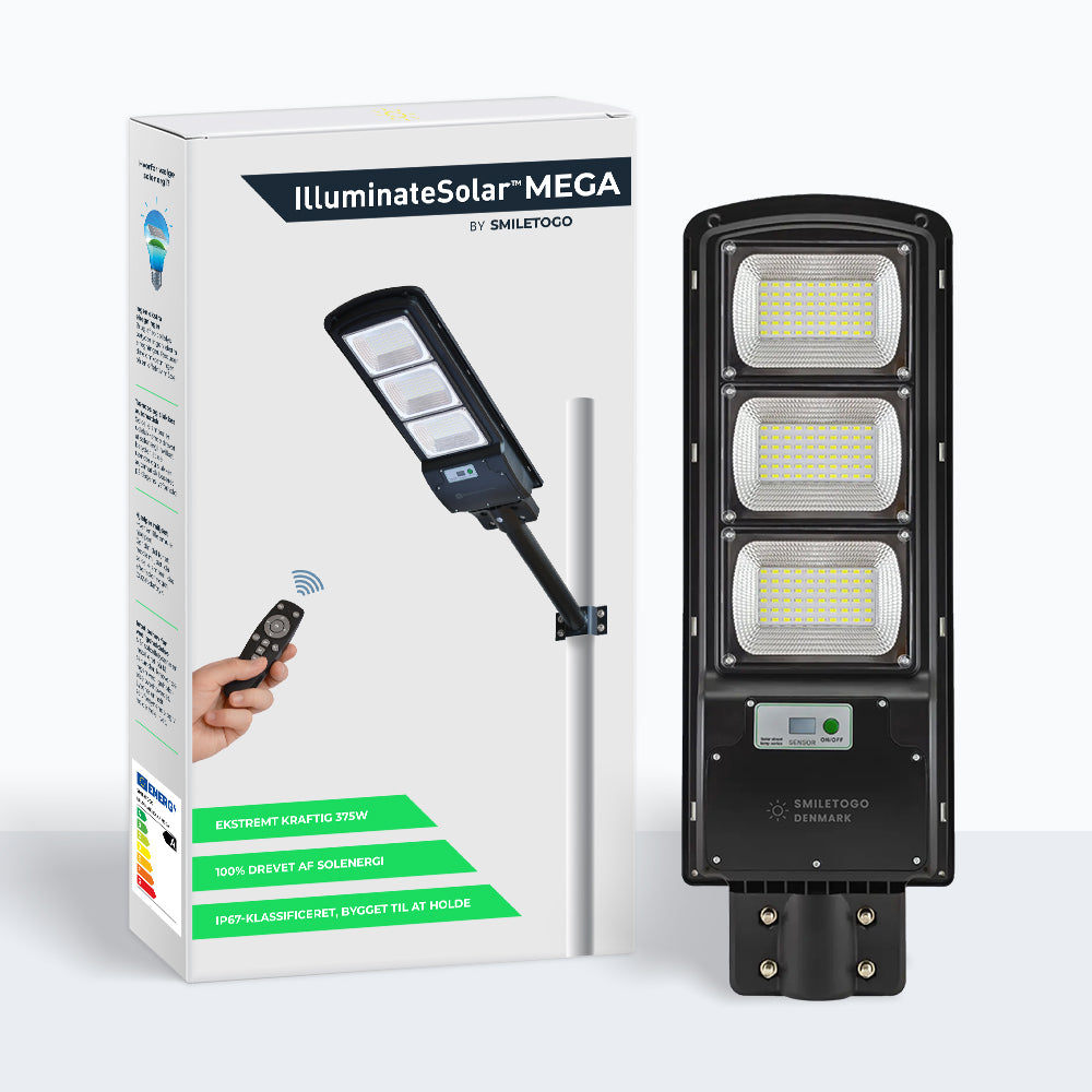 IlluminateSolarMega™- Den ultimative 375W/6500 lumen ultralyse solcelle-gadelygte (Bundle-tilbud)