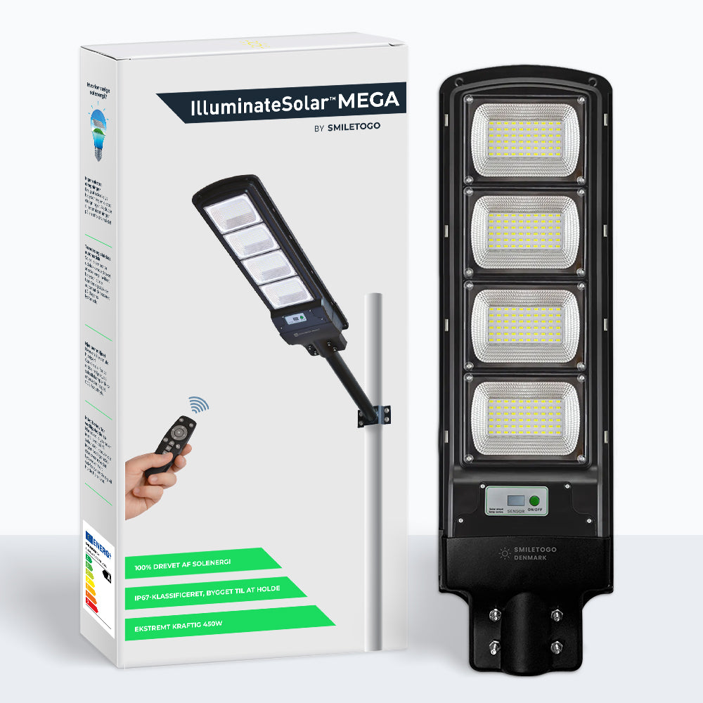 IlluminateSolarMega™- Den ultimative 450W/6500 lumen ultralyse solcelle-gadelygte (Bundle-tilbud)