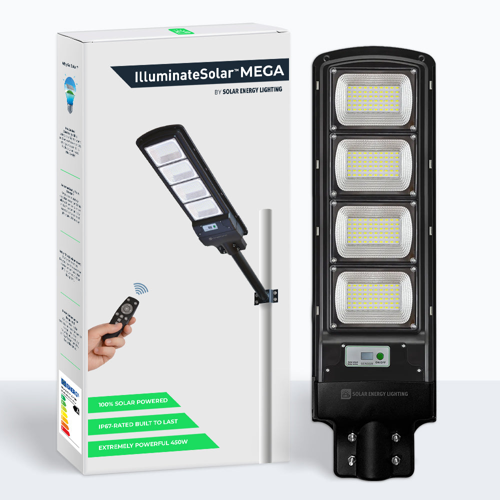 IlluminateSolarMega - 3 Lygter + 1 Gratis 450W/6500 Lumen Ultraklare Solcelle-gadelygter