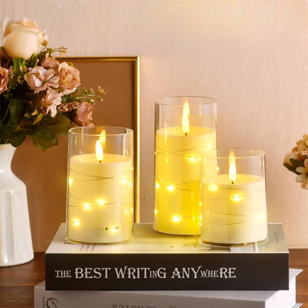 Sæt med 3 LED-glaslys med lysdekoration