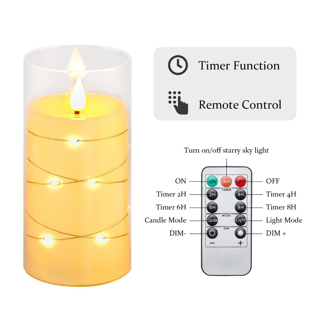 Sæt med 3 LED-glaslys med lysdekoration