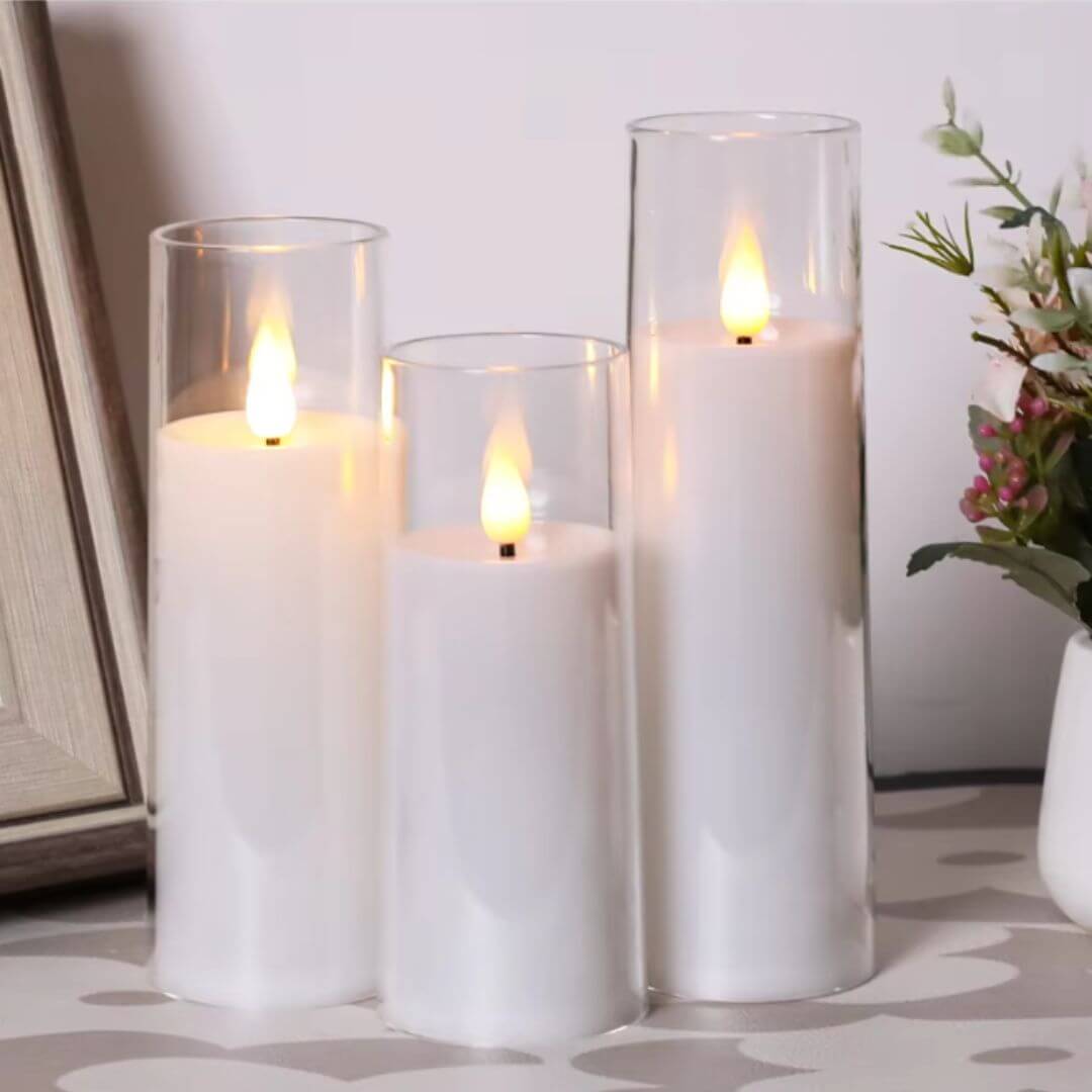 Sæt med 3 LED-lys i klart glas
