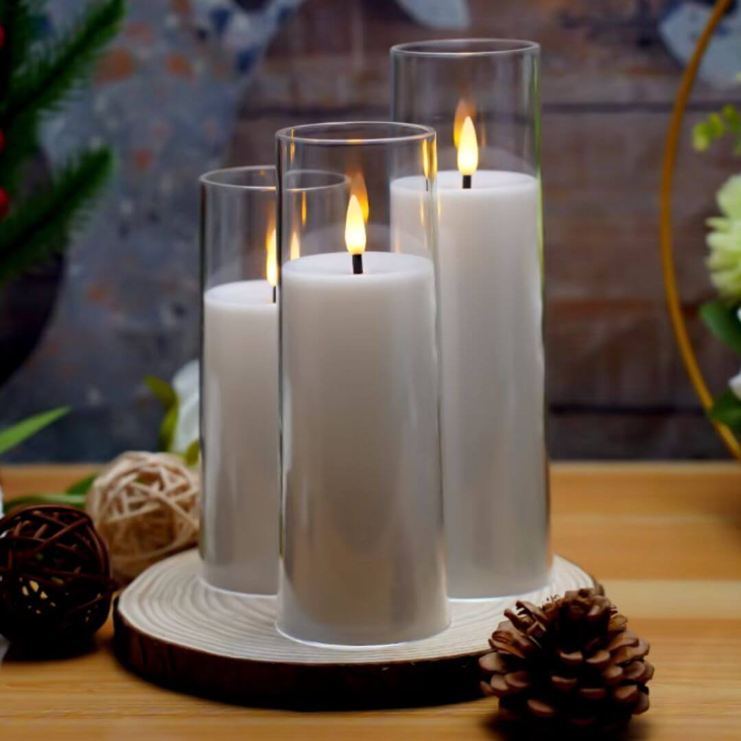 Sæt med 3 LED-lys i klart glas