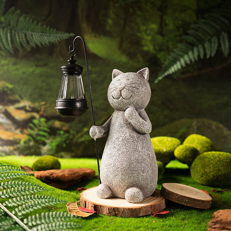 StoneCat™ - håndlavet havestatue af kat med solceller