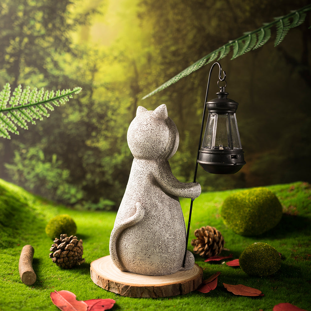 StoneCat™ - håndlavet havestatue af kat med solceller