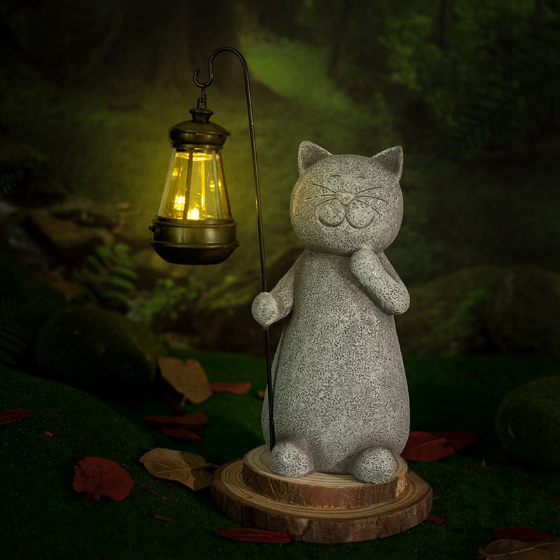 StoneCat™ - håndlavet havestatue af kat med solceller