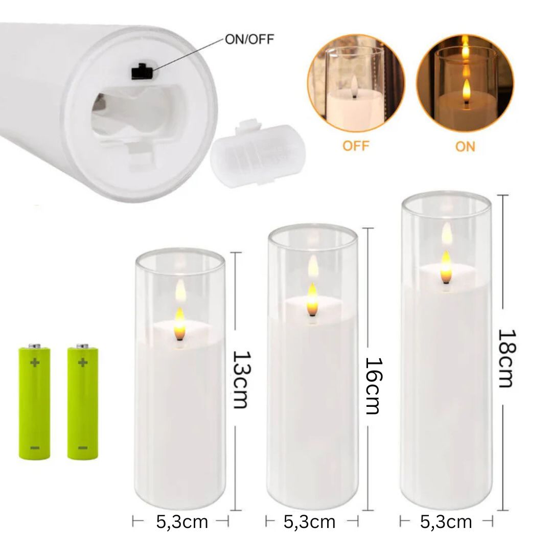 Sæt med 3 LED-lys i klart glas