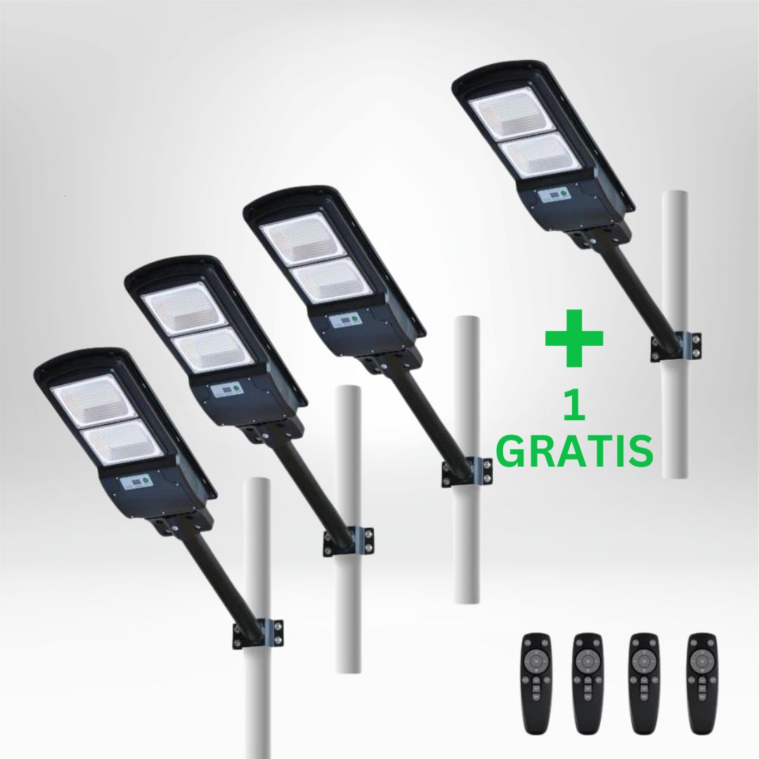 IlluminateSolarMega - 3 Lygter + 1 Gratis 300W/6000 Lumen Ultraklare Solcelle-gadelygter